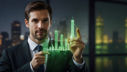 man-suit-is-holding-green-object-with-word-financial-it