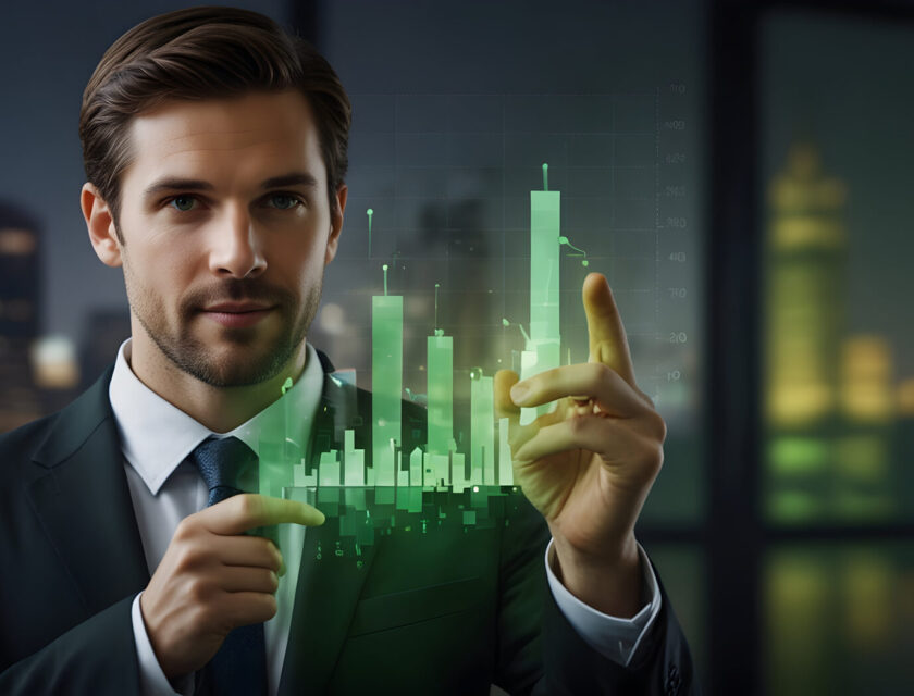 man-suit-is-holding-green-object-with-word-financial-it