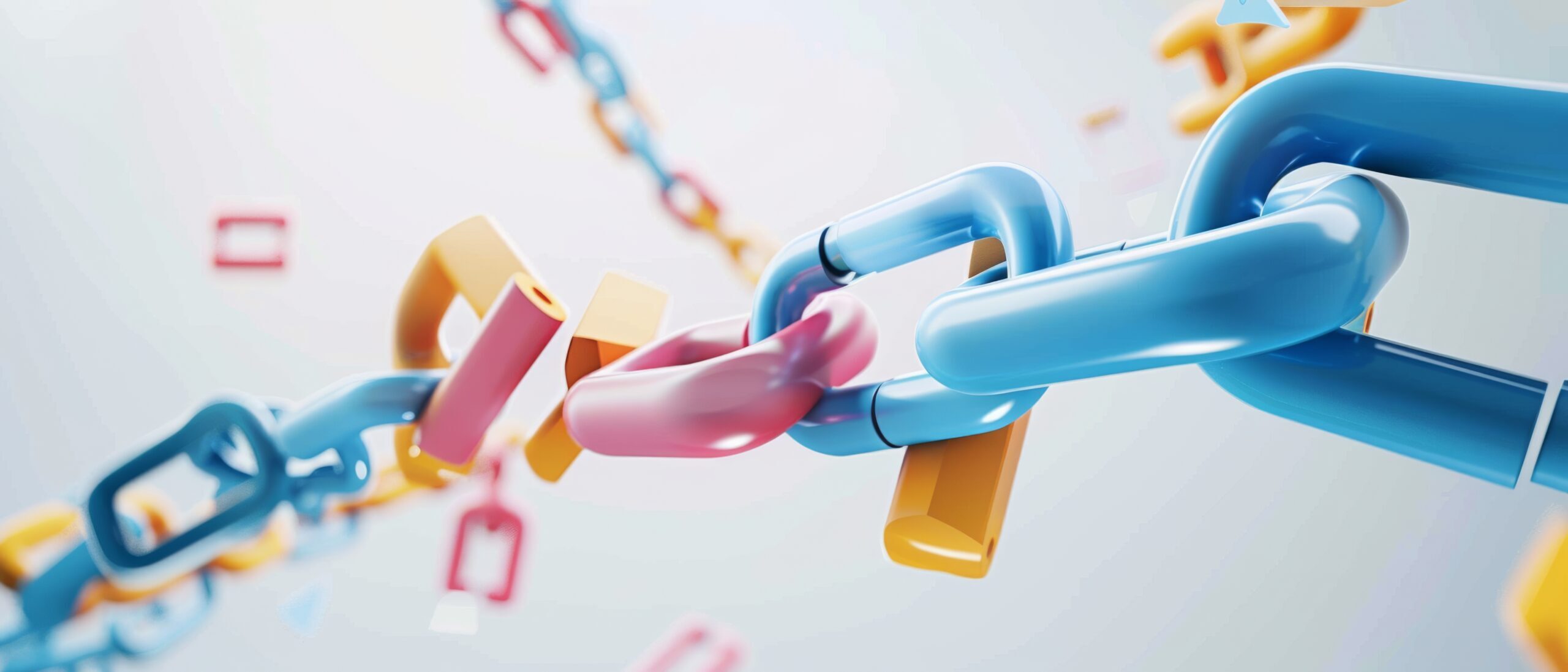 A colorful chain of interlinked 3D blocks floating in mid-air, representing connection, unity, and digital innovation.
