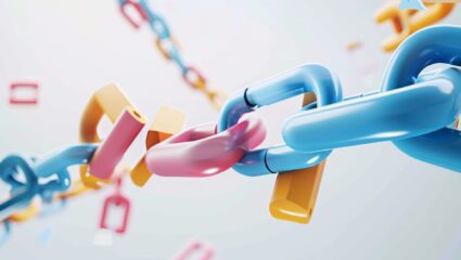 A colorful chain of interlinked 3D blocks floating in mid-air, representing connection, unity, and digital innovation.