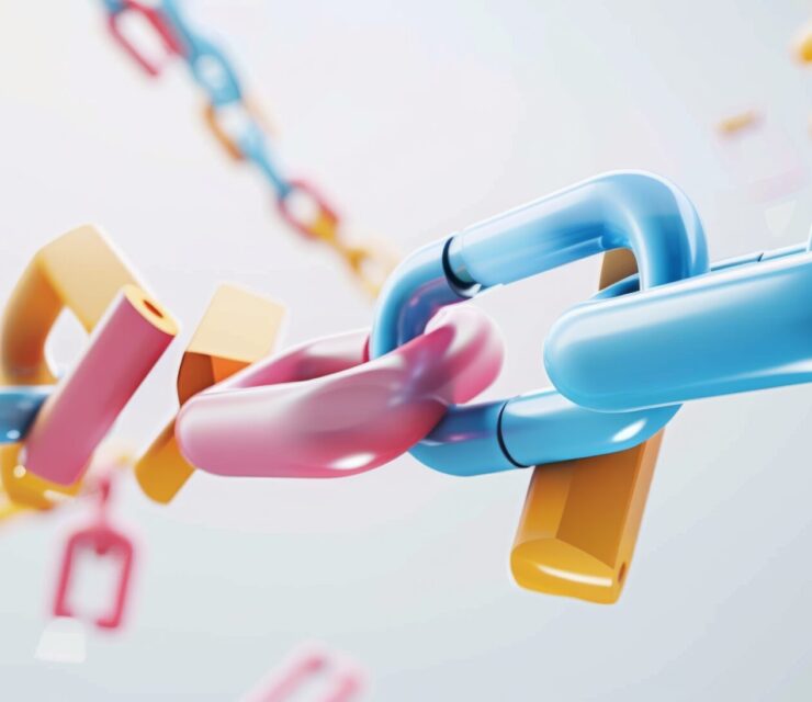 A colorful chain of interlinked 3D blocks floating in mid-air, representing connection, unity, and digital innovation.