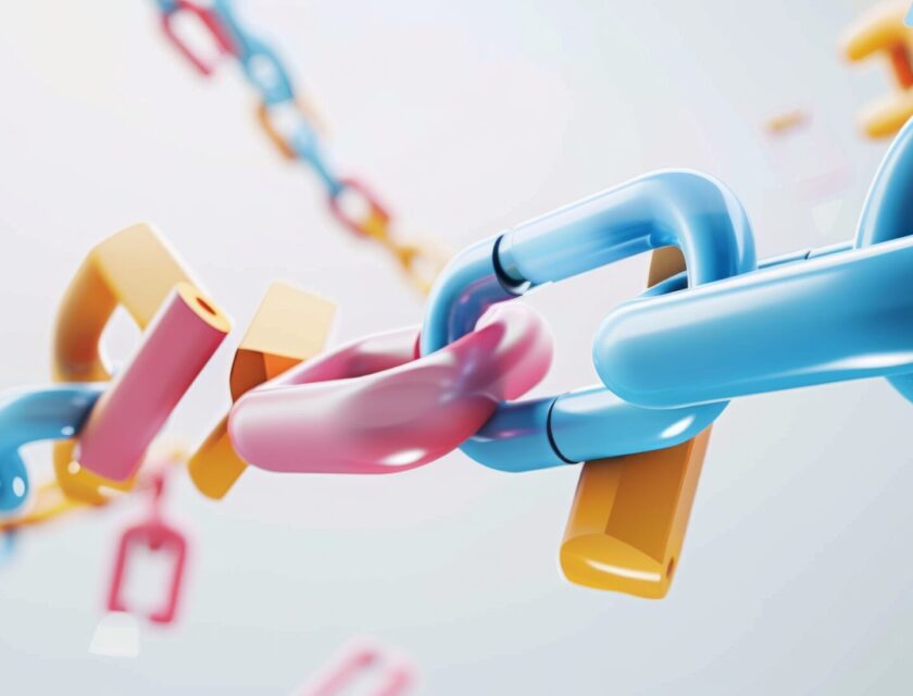 A colorful chain of interlinked 3D blocks floating in mid-air, representing connection, unity, and digital innovation.