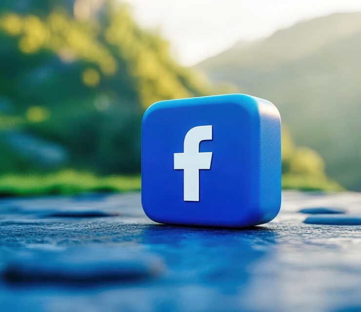 Facebook logo standing on blue background with copy space