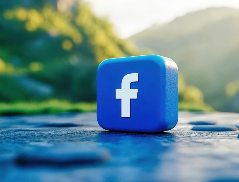 Facebook logo standing on blue background with copy space