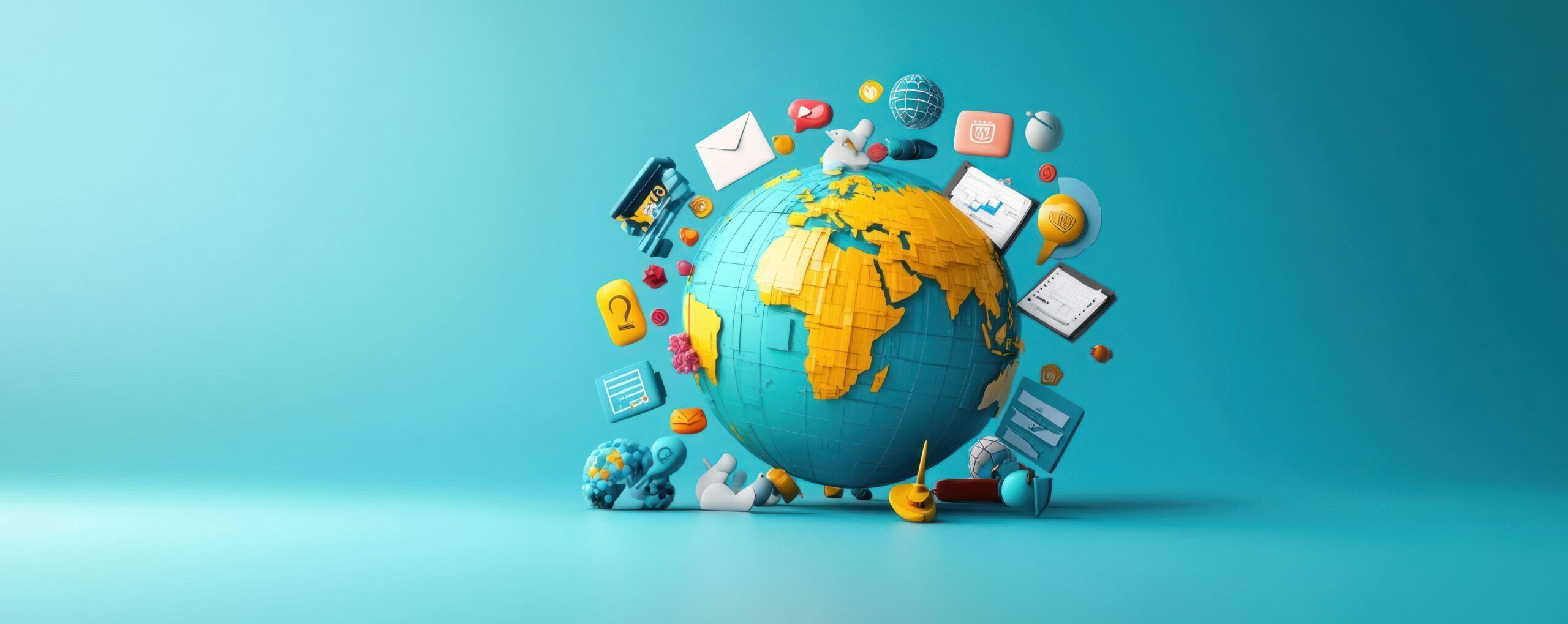 Globe surrounded by digital icons.