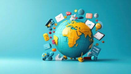 Globe surrounded by digital icons.