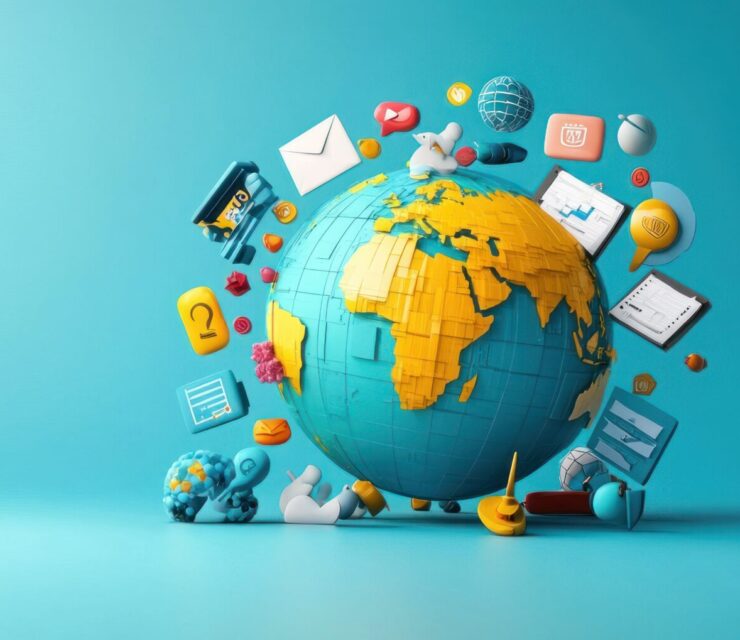 Globe surrounded by digital icons.