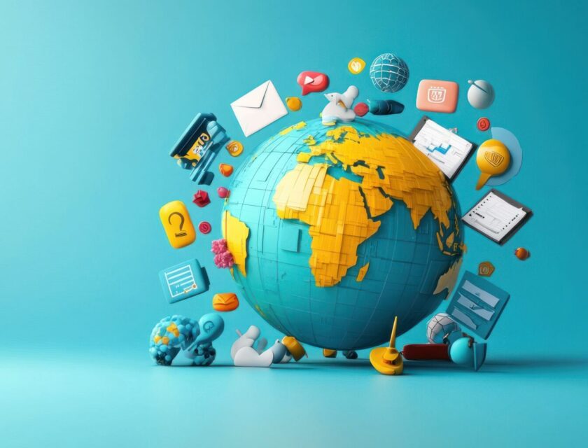 Globe surrounded by digital icons.